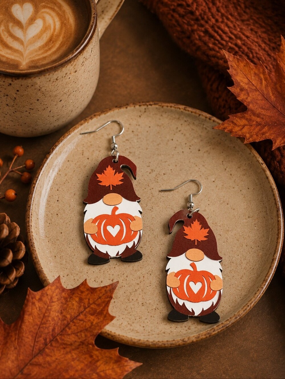 NEW Fall Gnome Pumpkin Maple‎ Leaf Wooden Dangle Earrings